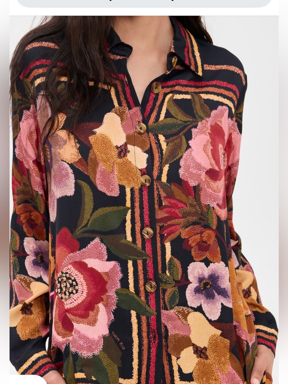 FARM Rio Black Button-Up Shirt with Pink & Orange Floral Accents NEW with tags